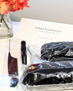Amazing beauty hair packaging content: hair clips, tail comb, stainless steel clips, and "thank you" post card.