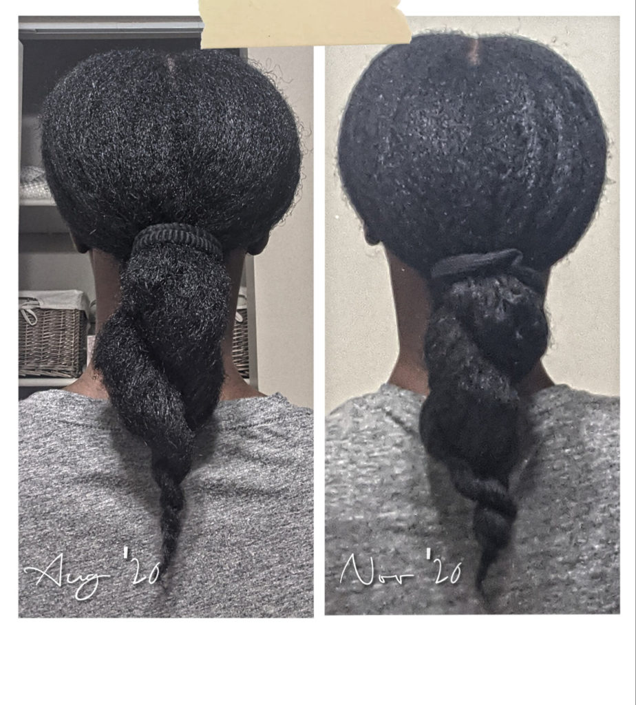Rice water for natural hair challenge. Before and after picture. Picture to the left was taken in Aug 2020 and picture to the right was taken Nov 2020. 90 day results.