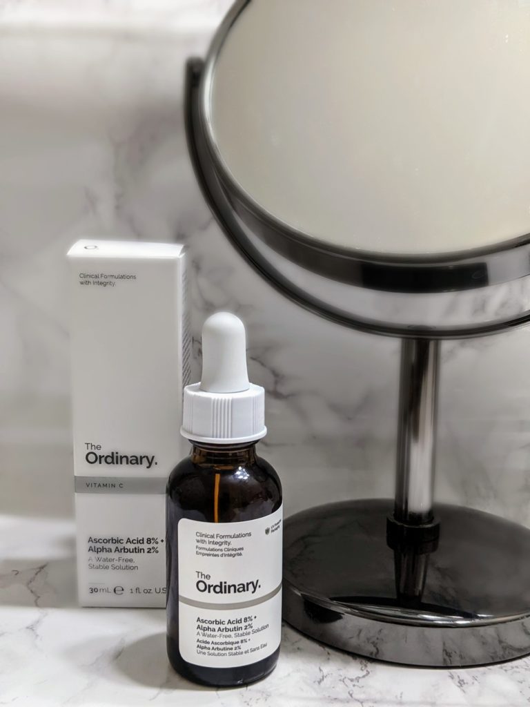 Sephora online purchase of The Ordinary's LAscorbic Acid 8% + Alpha Arbutin 2%, retailed for $10.00 CAD , Size: 1oz, on marbled vanity counter with mirror in the background for decoration