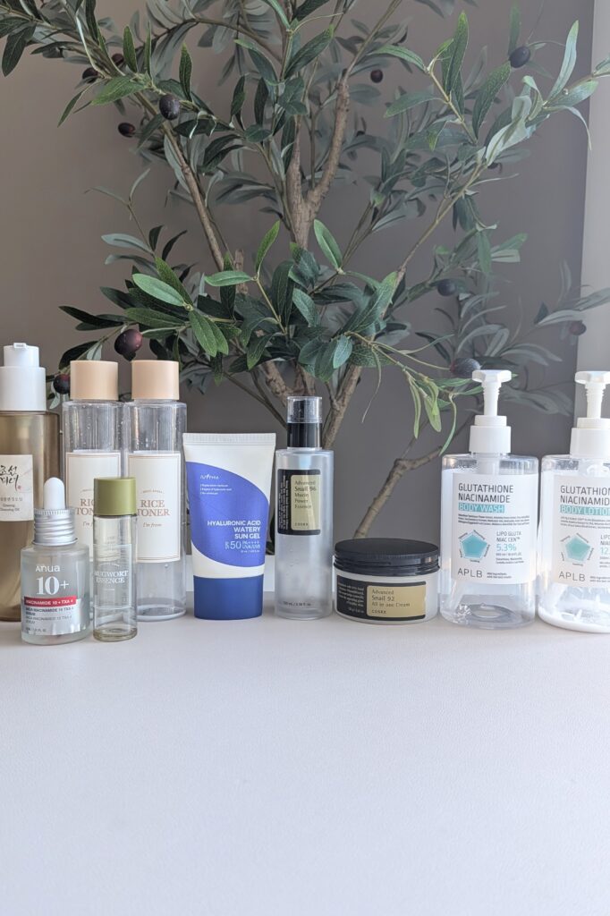 K-beauty skincare empties ; cosrx , APLB, I'm from- rice toner, beauty of joseon, aqua niacinamide , Mugwort Essence, isntree