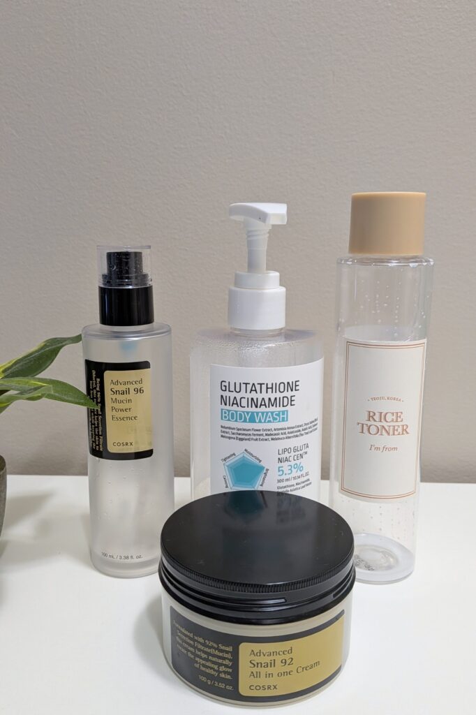 k-beauty , stylevana , essence, cosrx snail 96 cream, niacin amide body wash. Korean skincare